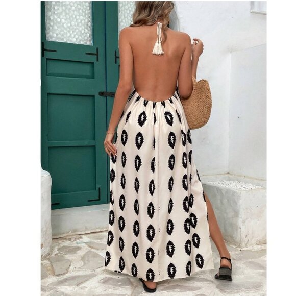 Backless maxi dress halter neck minimalist boho maxi dress geo print cream black - Picture 2 of 2